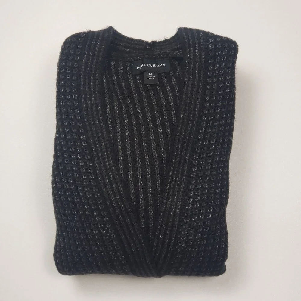 Fortune + Ivy Open Cardigan Sweater Women's Size Medium Black Grey Coatigan NWOT - Picture 15 of 16
